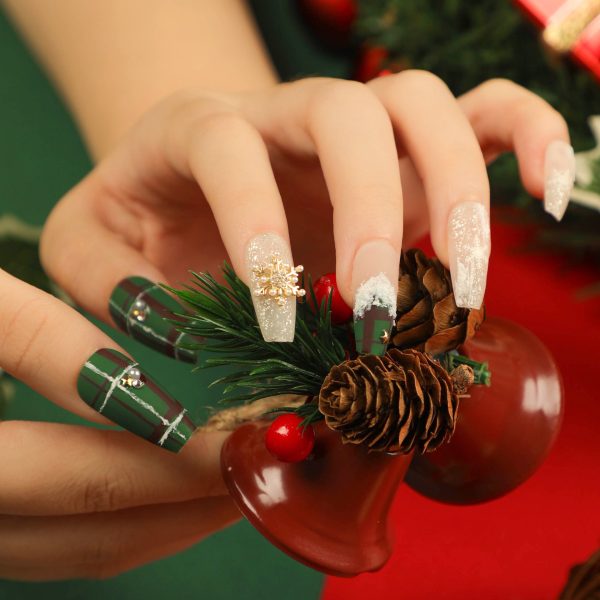 Christmas green plaid and pearl snowflake