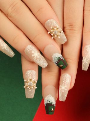 Christmas green plaid and pearl snowflake